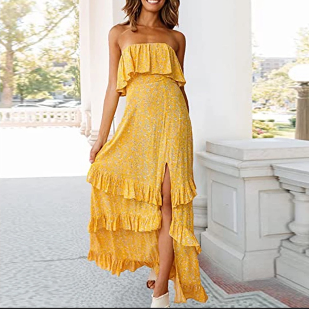 Here Comes the Sun yellow floral sundress ruffled, flowy boho dress size S